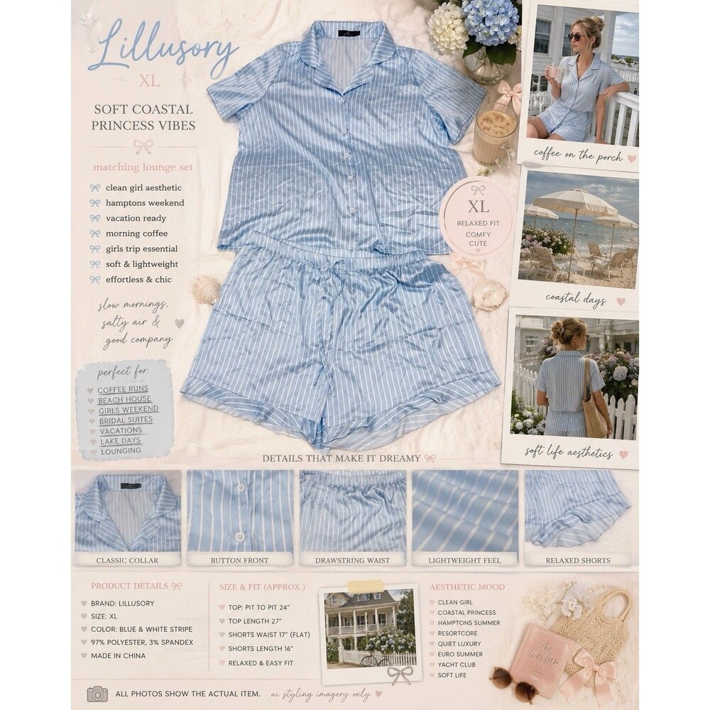 NWOT Lillusory Satin XL Powder Blue Striped Lounge Set Clean Girl Ruffled Hem